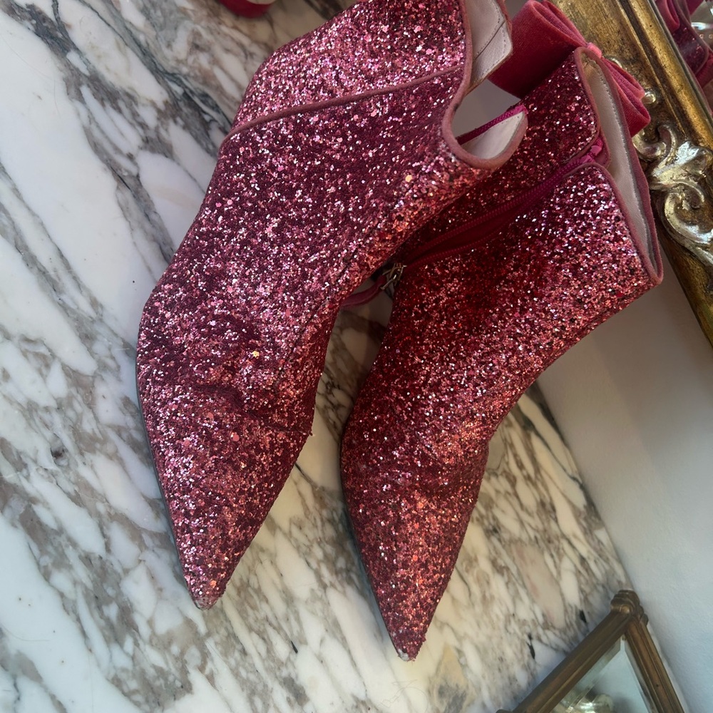 Kate Spade Rare Donella Pink Glitter Bow Kitten Heeled Boots